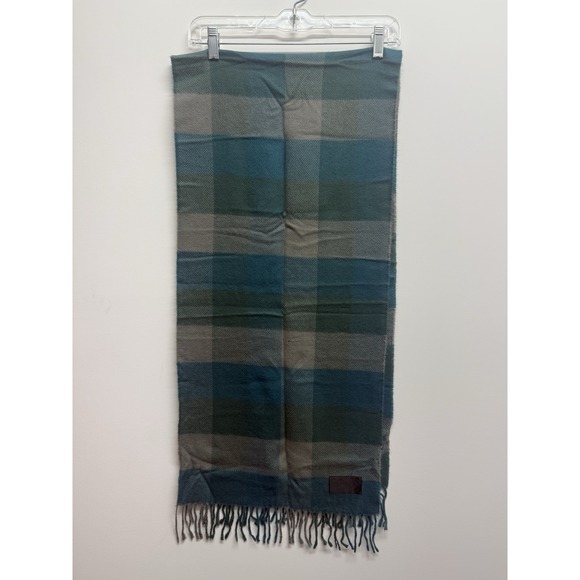 Vintage 80s Christian Dior Plaid Fringed Scarf Tan Teal Blue Gray 66" x 15" - Picture 4 of 7